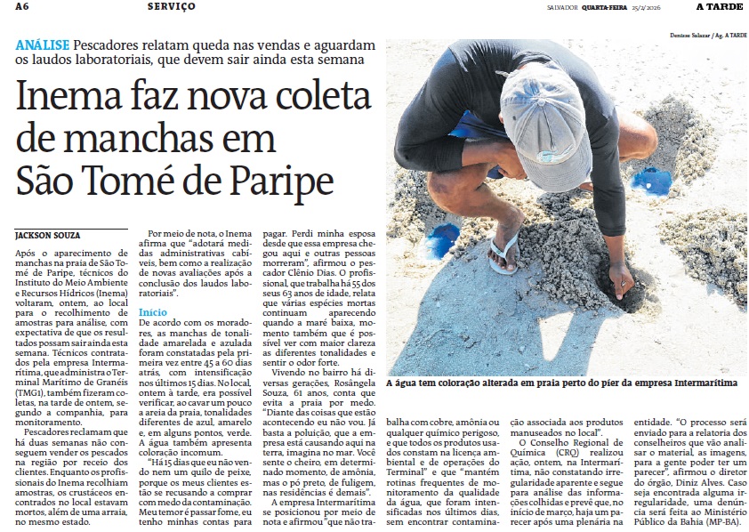 LEIA A MATÉRIA DO JORNAL A TARDE SOBRE AS MANCHAS QUE SURGIRAM EM SÃO TOMÉ DE PARIPE